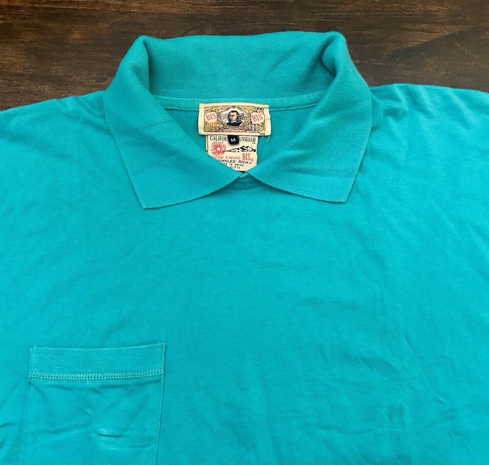 VTG 80’s Gene Ewing Bis Bis Sunwashed Teal Polo Shirt Men’s Medium M Med